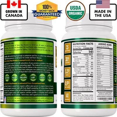SOLO Organic Pea Protein Isolate, Low in Sodium, Canada Grown Peas, 100% Vegan, Non-GMO, Unflavored Plant Based Protein Powder with BCAA, Keto &amp; Paleo Friendly, Easy to Digest, No Additives (2.7 lbs)