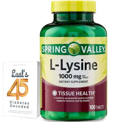 Spring Valley L-Lysine | L lysine 1000mg Tablets | llyinse, llysine | Lysine Supplement | Super Lysine Immune Support |100 Tablets Bundle with Lual&#39;s 45 Diabetes Decoded