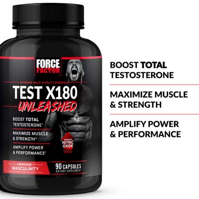 FORCE FACTOR Test X180 Unleashed Testosterone Booster for Men to Build Muscle, Increase Strength, and Improve Performance, Testosterone Supplement for Mens Health, 90 Capsules