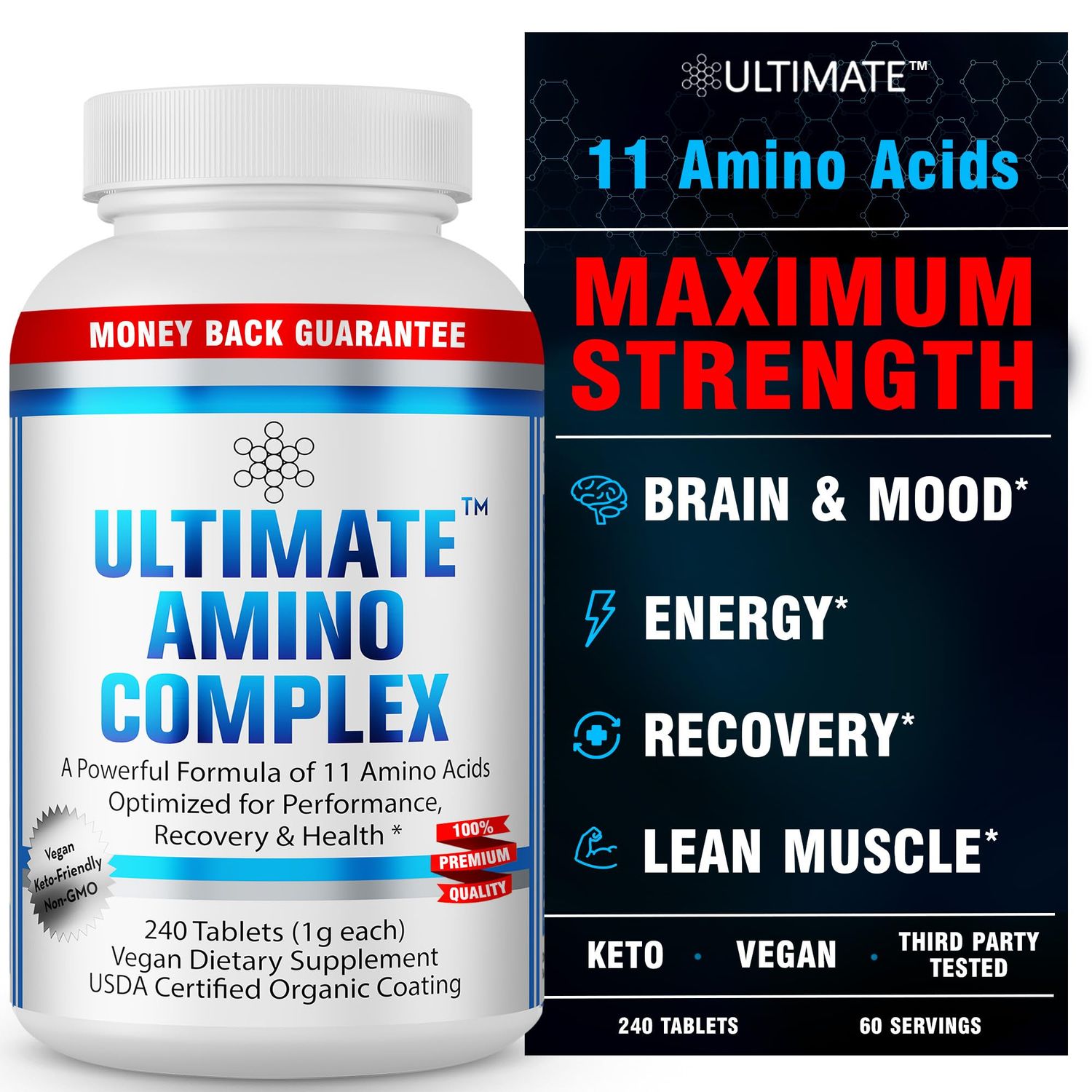 Ultimate Amino Complex Supplement - 240 Easy-to-Swallow, Flavorless 1g Tablets - All 9 Essential Amino Acids Plus Cystine &amp; Tyrosine - 2:1:1 BCAA Ratio - Increase Energy &amp; Muscle - Vegan &amp; Non-GMO