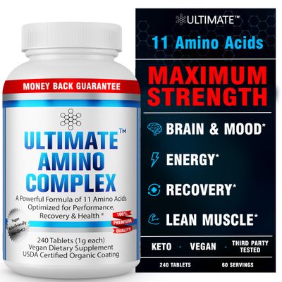 Ultimate Amino Complex Supplement - 240 Easy-to-Swallow, Flavorless 1g Tablets - All 9 Essential Amino Acids Plus Cystine &amp; Tyrosine - 2:1:1 BCAA Ratio - Increase Energy &amp; Muscle - Vegan &amp; Non-GMO