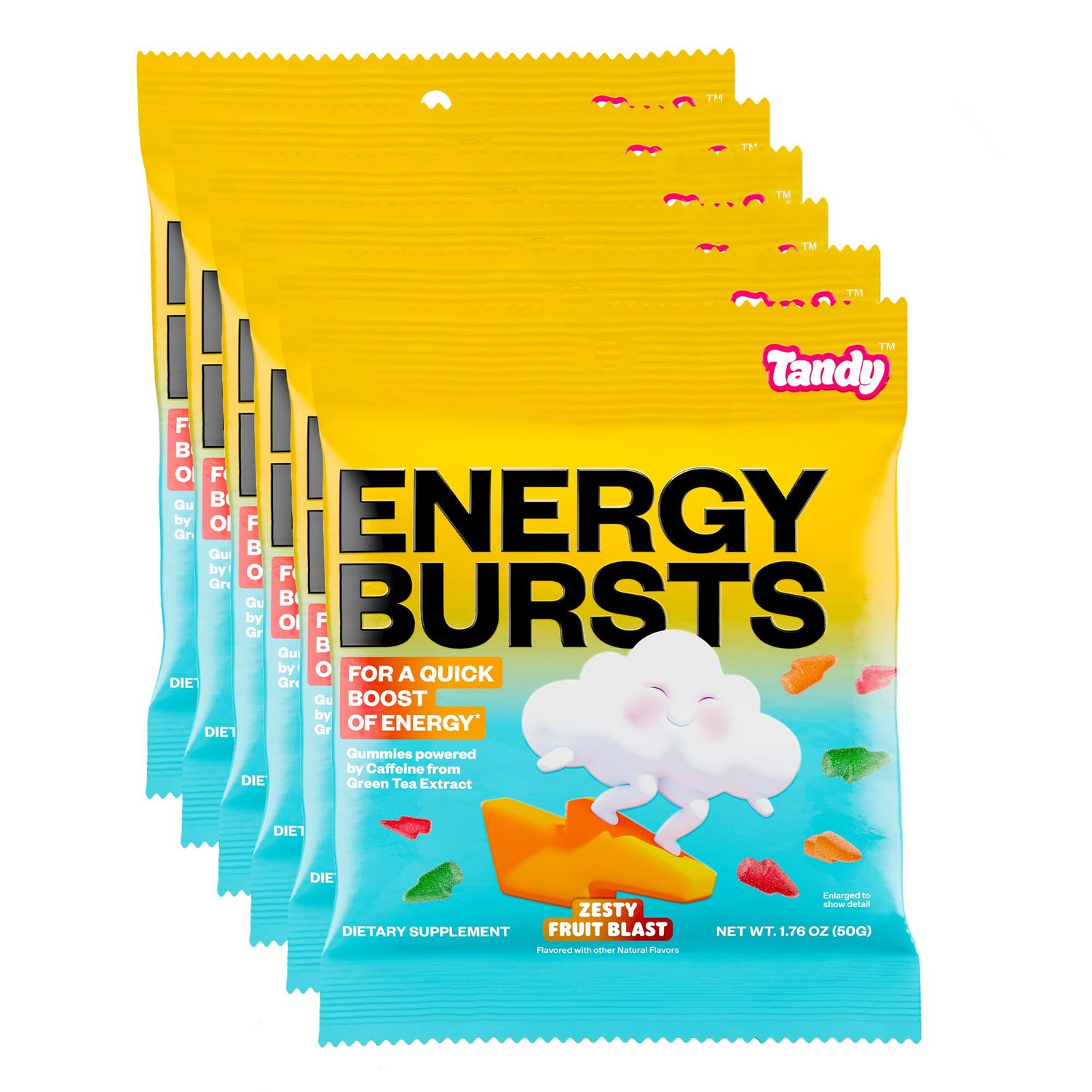 Tandy Energy Bursts Caffeine Gummies, 50 mg I Energy Boost Gummies with Zesty Fruit Blast Flavor I Caffeine from Green Tea Extract I Gluten-Free Fast-Acting Dietary Supplement Gummy I 6-Pack
