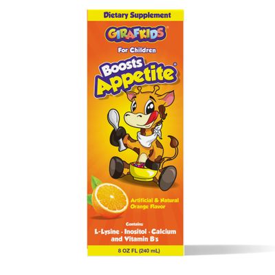 PHARMADEL GirafKids Appetite Booster Syrup for Kids Ages 4+ | 8 Fl Oz Natural Supplement with L-Lysine, Inositol, Calcium &amp; Vitamins | Orange Flavor | Promotes Healthy Appetite &amp; Energy