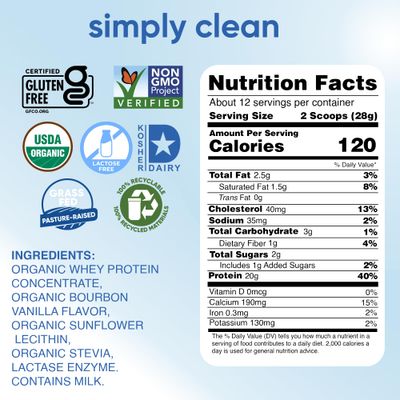 Simply tera's Lactose Free Organic Whey Protein - Lactose Free Protein Powder, Vanilla Protein Powder with 20g of Protein Per Serving, Non-GMO, Gluten-Free, rBGH-Free, Kosher - 12 Oz