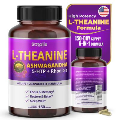 Sotalix L-Theanine Supplement 10,750mg with Ashwagandha 5-HTP + Rhodiola - Focus &amp; Memory, Restore &amp; Relax, Sleep Quality - USA Made &amp; Tested (150 Count (Pack of 1))