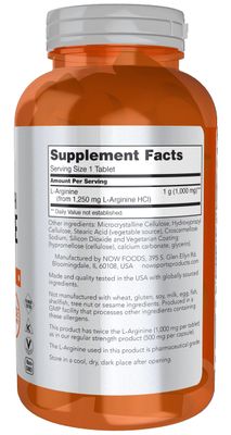 NOW Foods Sports Nutrition, L-Arginine Double Strength 1000mg, Nitric Oxide Precursor, Amino Acids, 180 Tablets