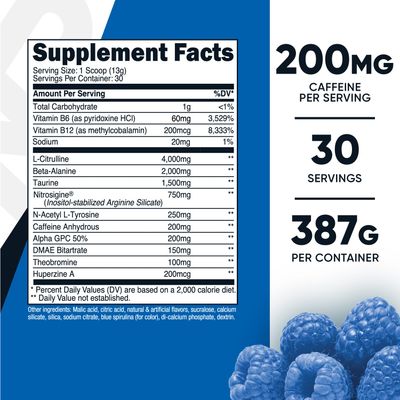 Nutricost Pre-Workout Complex Powder (30 Servings, Blue Raspberry) - Pre-Workout Supplement with Beta-Alanine, Taurine &amp; Amino Acids