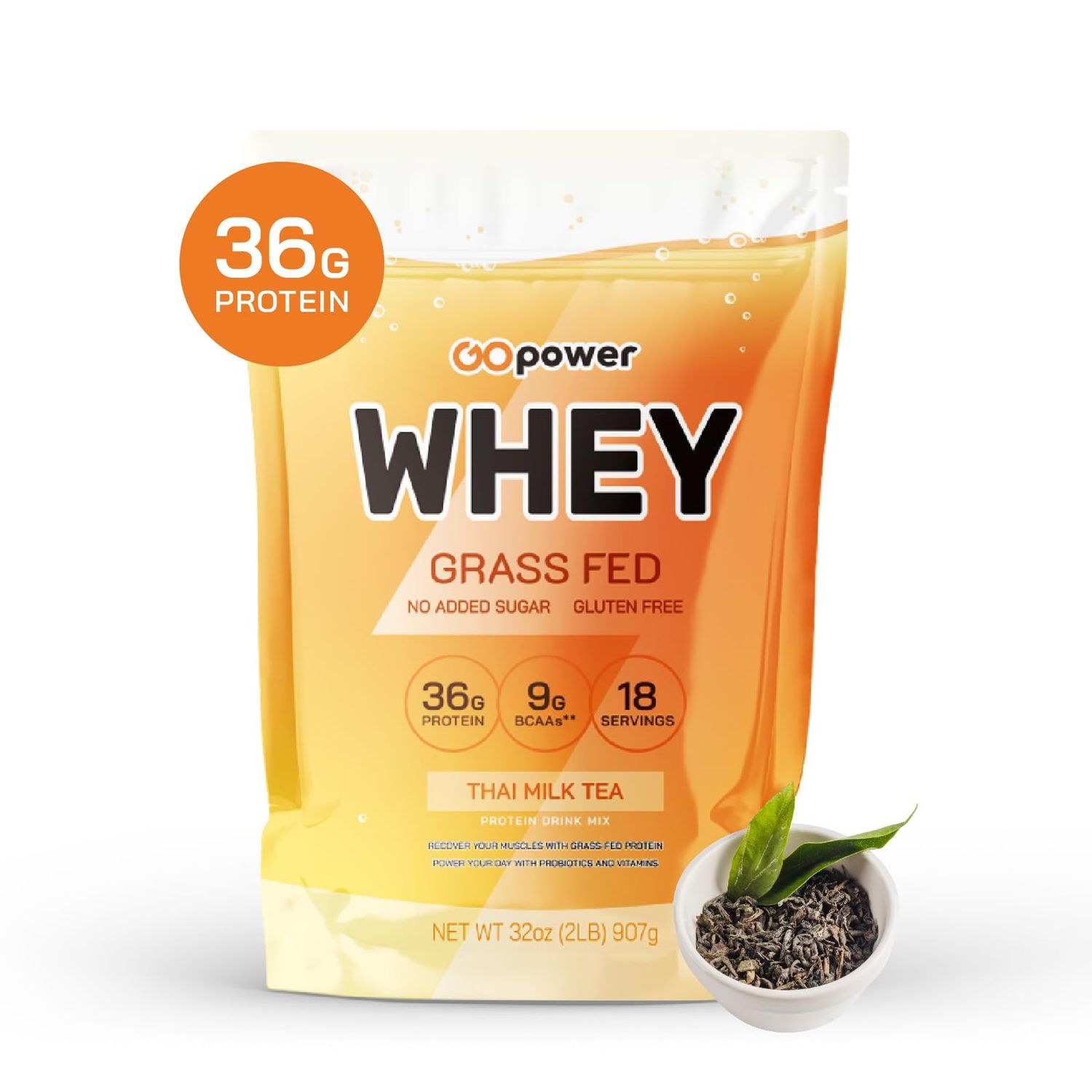 GOPOWER Whey Protein Powder, with BCAAs, Grass Fed Protein Powder, 2 Pound, 18 Servings