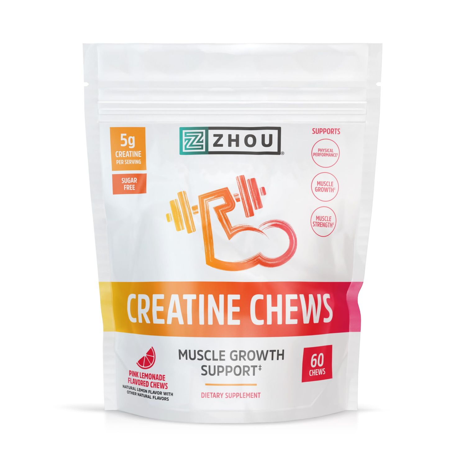 Zhou Nutrition Creatine Monohydrate Chewables 5g for Men &amp; Women, Sugar Free, Organic, Non GMO, Pink Lemonade, 60 Creatine Gummies