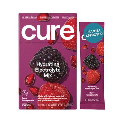 Cure Hydrating Plant Based Electrolyte Mix | Powder for Dehydration Relief | Made with Coconut Water | Non-GMO | No Added Sugar | FSA &amp; HSA | Vegan | Box of 8 Packets - Berry Pomegranate