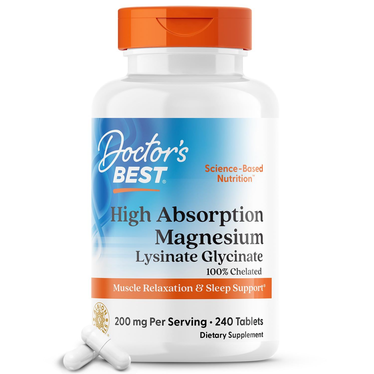 Doctor&#39;s Best High Absorption Magnesium Glycinate Lysinate, 100% Chelated, Non-GMO, Vegan, Gluten &amp; Soy Free, 200 mg, 240 Count