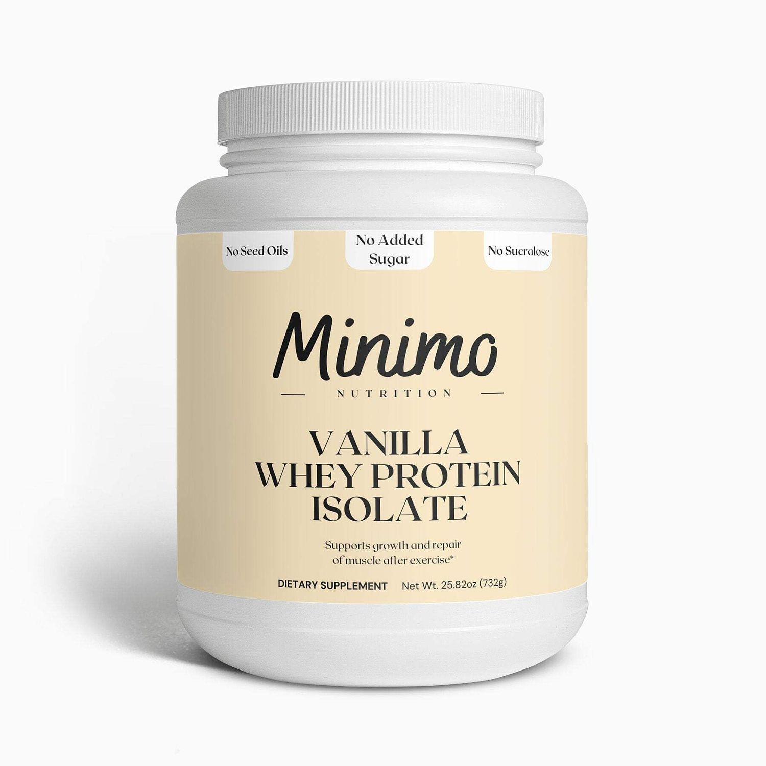 Minimo Nutrition Whey Isolate Protein Powder, Vanilla, Whey Protein Isolate, No Seed Oils, No Added Sugar, No Sucralose, 1.61 lbs