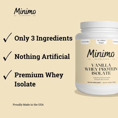 Minimo Nutrition Whey Isolate Protein Powder, Vanilla, Whey Protein Isolate, No Seed Oils, No Added Sugar, No Sucralose, 1.61 lbs