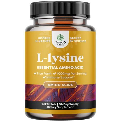 L Lysine 1000mg Free Form - High Strength L-Lysine Supplement for Eye Health Lip Care Collagen Synthesis and Immune Support - Essential Amino Acid Vegan Non-GMO 1000mg per Serving - 100 Tablets