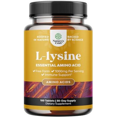 L Lysine 1000mg Free Form - High Strength L-Lysine Supplement for Eye Health Lip Care Collagen Synthesis and Immune Support - Essential Amino Acid Vegan Non-GMO 1000mg per Serving - 100 Tablets