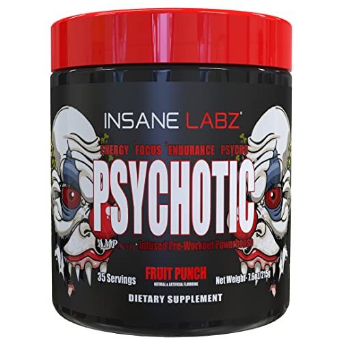 Insane Labz Psychotic, High Stimulant Pre Workout Powder, Extreme Lasting Energy, Focus and Endurance with Beta Alanine, Creatine Monohydrate DMAE, 35 Srvgs (Fruit Punch)