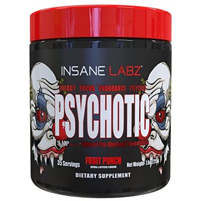 Insane Labz Psychotic, High Stimulant Pre Workout Powder, Extreme Lasting Energy, Focus and Endurance with Beta Alanine, Creatine Monohydrate DMAE, 35 Srvgs (Fruit Punch)