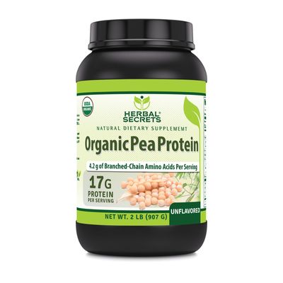 Herbal Secrets Organic Pea Protein Powder | 2 Lbs. | 17 Grams Protein Per Serving | 4.2 Grams BCAA Supplement | Non-GMO | Gluten Free | Made in USA