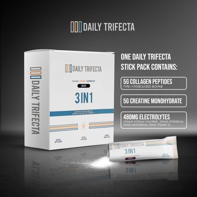 DAILY TRIFECTA 3 in 1 Collagen Type I, Creatine Monohydrate and Electrolyte Packets | All Natural with Zero Sugar | Formulated in 30 Stick Packs | Essential for Fitness, Health &amp; Beauty (Mango)