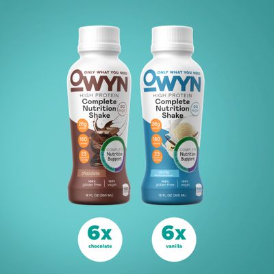 OWYN Only What You Need High Protein Plant Based Complete Nutrition Shake, Chocolate &amp; Vanilla Variety Pack, 12 Fl Oz (12 Pack)