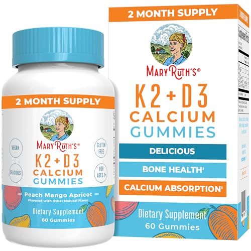 MaryRuth Organics Calcium with Vitamin D &amp; Vitamin K2, 2 Month Supply, Calcium Supplement Supports Bone Health &amp; Joint Support, with Vitamins D3 K2 Gummies, Vegan, Non-GMO, Gluten Free, 60 Count