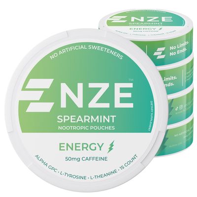 NZE Caffeine Nootropic Pouches (Spearmint) - Nootropic Energy Pouches with 50mg Caffeine, Alpha GPC, L-Tyrosine &amp; L-Theanine with No Sugar or Artificial Sweeteners - 15 Nicotine Free Pouches Per Can