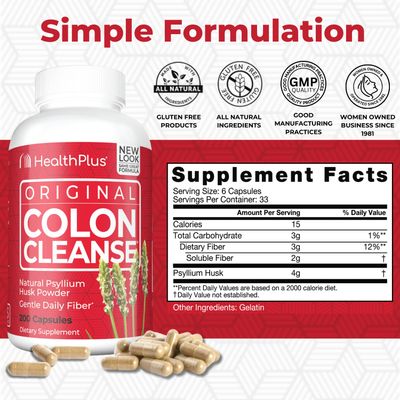 Health Plus Colon Cleanse Digestive Support | All Natural Daily Fiber for Toxin Elimination To Reduce Bloating | Supports Heart Health | 200 Capsules, 33 Servings