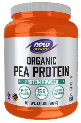 NOW Foods Sports Nutrition, Certified Organic Pea Protein 15 Grams, Unflavored Powder, 1.5-Pound