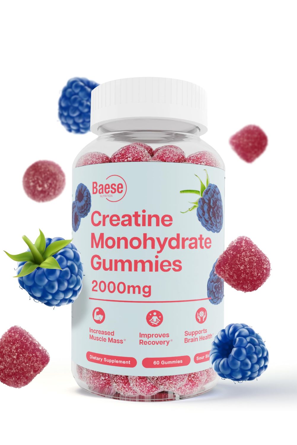 Baese Nutrition Creatine Monohydrate Gummies for Men &amp; Women - High Purity Sour Blue Raspberry- Chewable Creatine Infused Gummy for Muscle Strength &amp; Energy Boost, Bioavailable Pre-Workout Supplement
