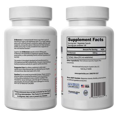 Superior Labs - Best D-Mannose NonGMO Dietary Supplement - 500mg, 120 Vegetable Capsules - Powerful Prebiotic - Boosts Urinary Tract Health - Supports Digestive Health & Liver Function