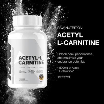 RAW Acetyl L-Carnitine Supplement, 500mg - Premium Cellular Energy Formula Boosts Cognition - Natural Energy Pills for Fatigue, Reduce Muscle Damage &amp; Promotes Repair - 60 Capsules