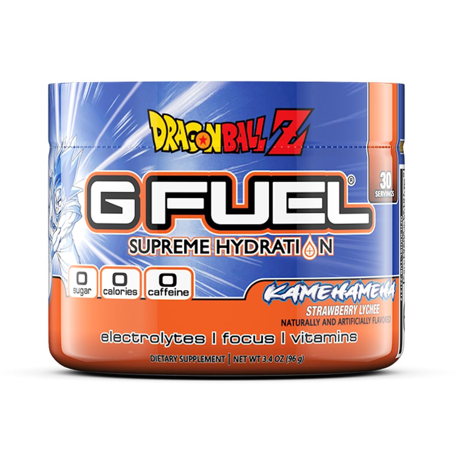 G Fuel Kamehameha Hydration Electrolytes Powder, Water Mix for Hydration, Energy and Focus, Sugar Free, Zero Caffeine Supplement with Essential Minerals, Strawberry Lychee Flavor, 3.4 oz (30 Servings)