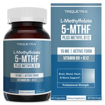 L Methyl Folate 15mg plus Methyl B12 Cofactor - Professional Strength, Active 5-MTHF Form - Supports Mood, Methylation, Cognition - Bioactive forms of Vitamin B9 &amp; B12 (60 Capsules)