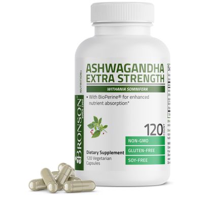 Bronson Ashwagandha Extra Strength Stress &amp; Mood Support with BioPerine - Non GMO Formula, 120 Vegetarian Capsules