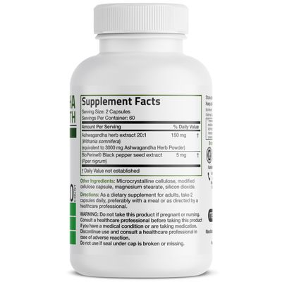Bronson Ashwagandha Extra Strength Stress &amp; Mood Support with BioPerine - Non GMO Formula, 120 Vegetarian Capsules