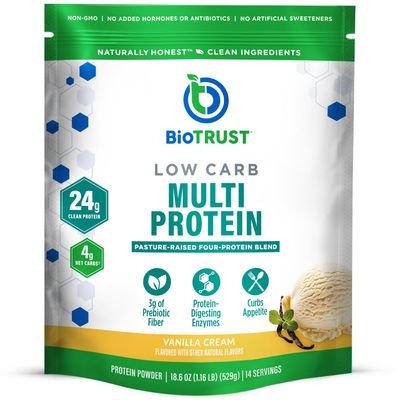 BioTrust Low Carb Protein Powder - Natural and Delicious Whey &amp; Casein Blend from Grass-Fed Hormone Free Cows - Non GMO, Soy Free, Gluten Free, Hormone Free (Vanilla)