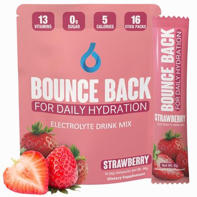 Bounce Back Energy and Recovery Drink Powder - 13 Essential Vitamins, Zero Sugar Electrolyte Packets - 5 Calories, Organic - Keto Friendly | 0 Net Carbs (16 Pack, Strawberry)