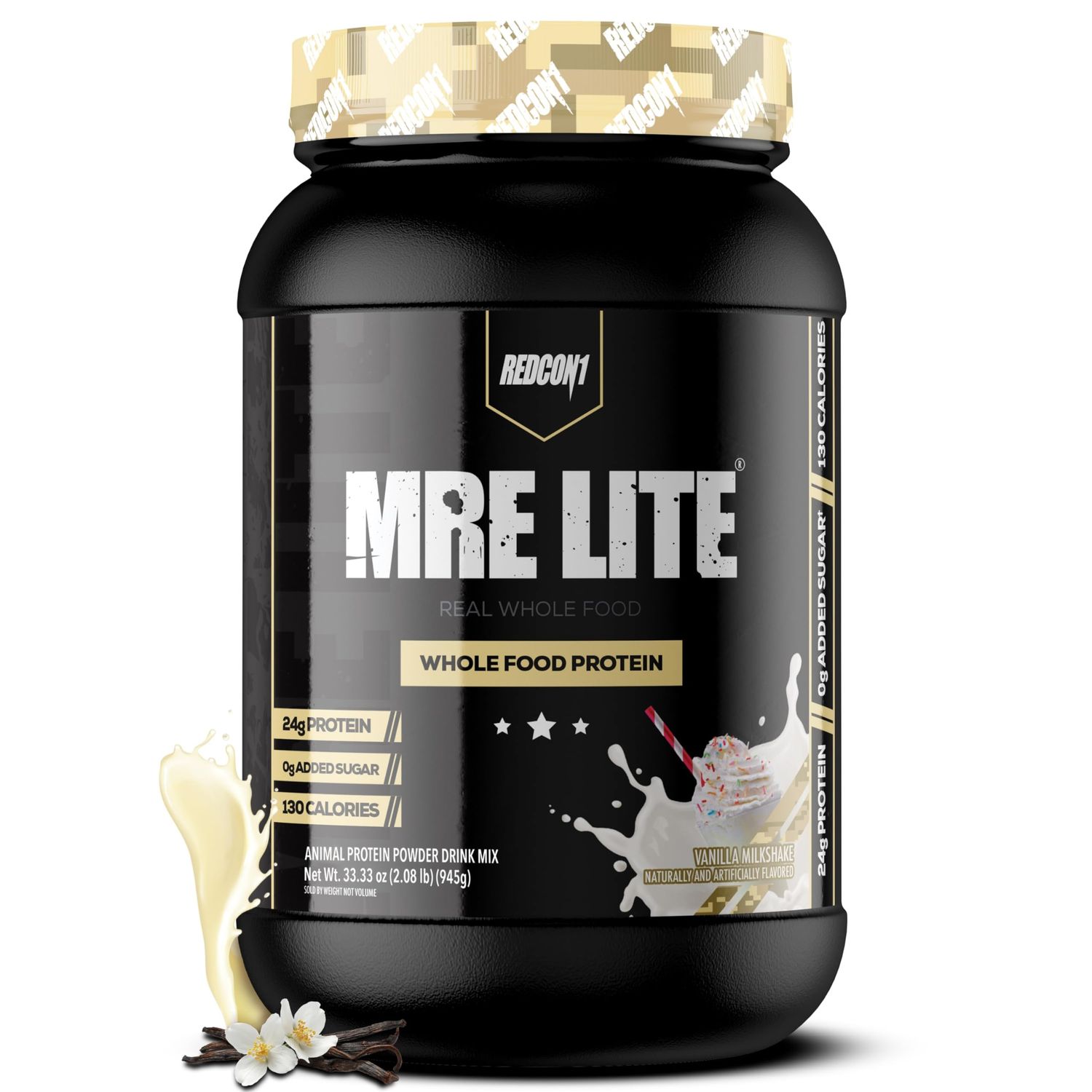 REDCON1 MRE Lite Whole Food Protein Powder, Vanilla Milkshake - Low Carb &amp; Whey Free Meal Replacement with Animal Protein Blends - Easy to Digest Supplement Made with MCT Oils (30 Servings)