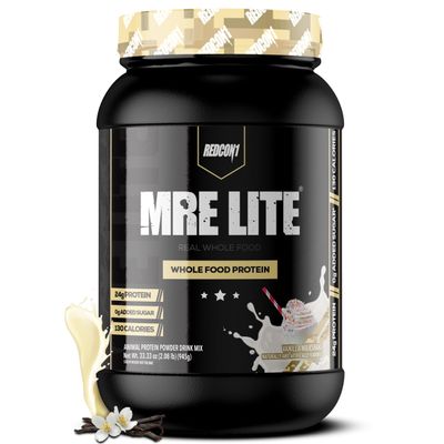 REDCON1 MRE Lite Whole Food Protein Powder, Vanilla Milkshake - Low Carb &amp; Whey Free Meal Replacement with Animal Protein Blends - Easy to Digest Supplement Made with MCT Oils (30 Servings)