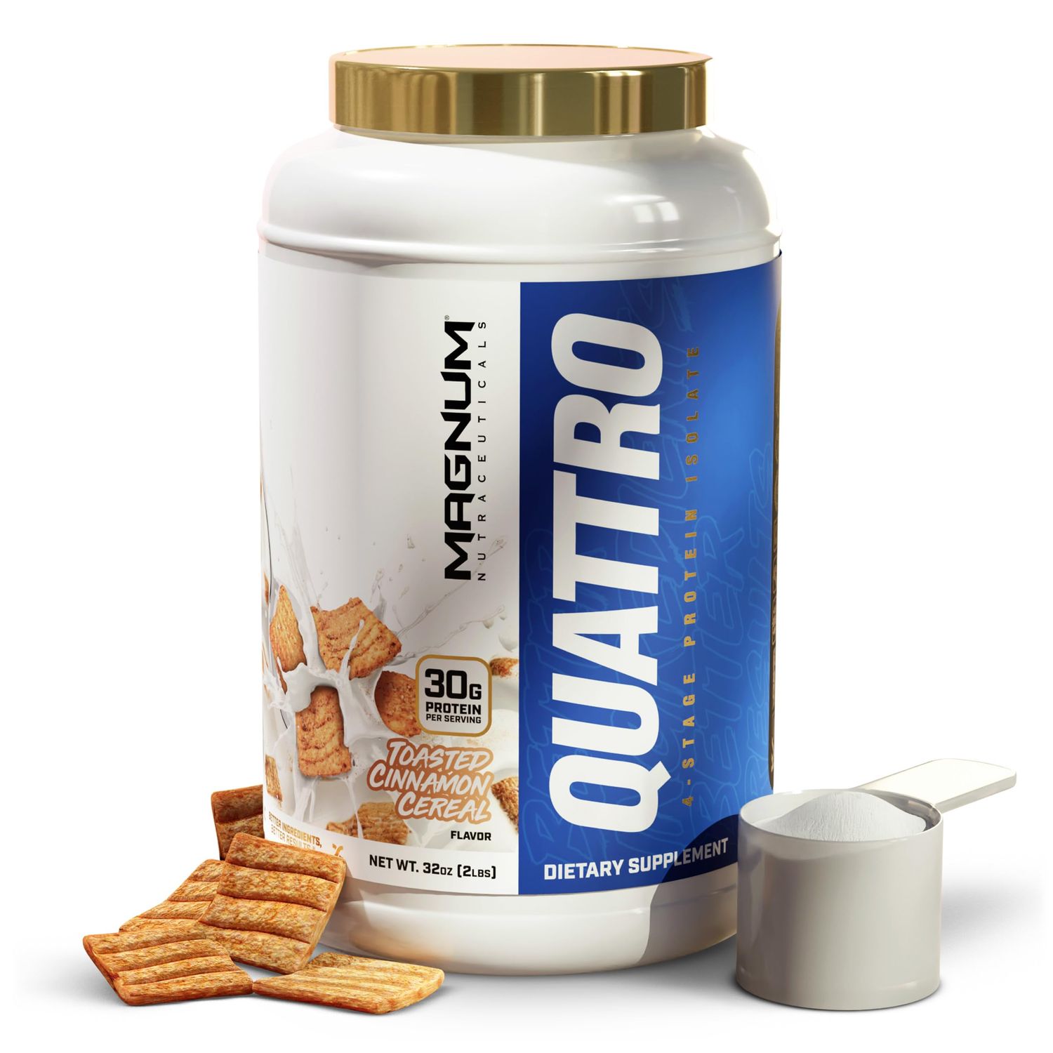 QUATTRO Magnum Nutraceuticals Whey Protein Powder, Toasted Cinnamon Cereal 2lb - Premium Protein Isolate Blend for Muscle Growth &amp; Recovery