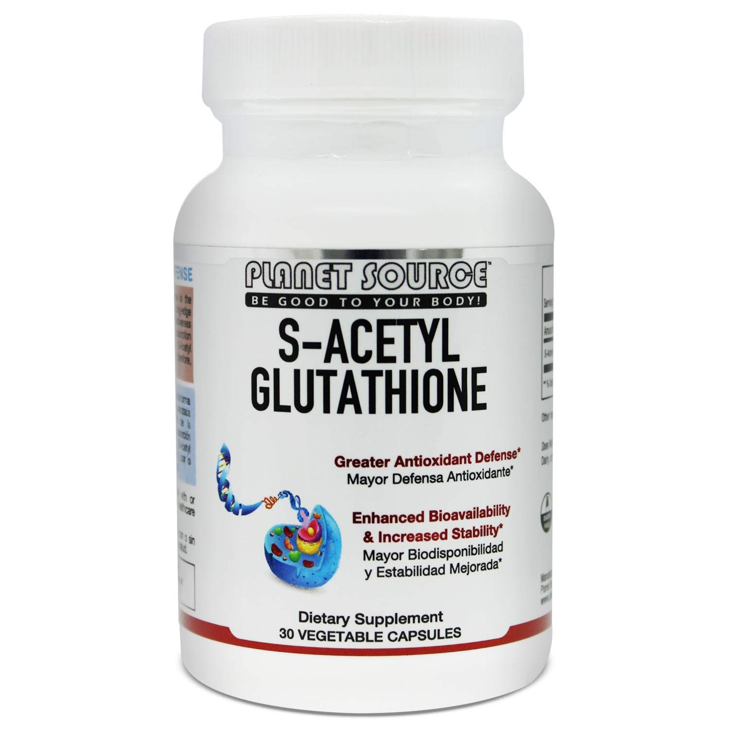 Planet Source S-Acetyl Glutathione (Food Grade) Supplement - Best Detox - Supports Healthy Aging, Liver Detox, and Cell Function - High Absorbtion Small Vegetarian Capsules