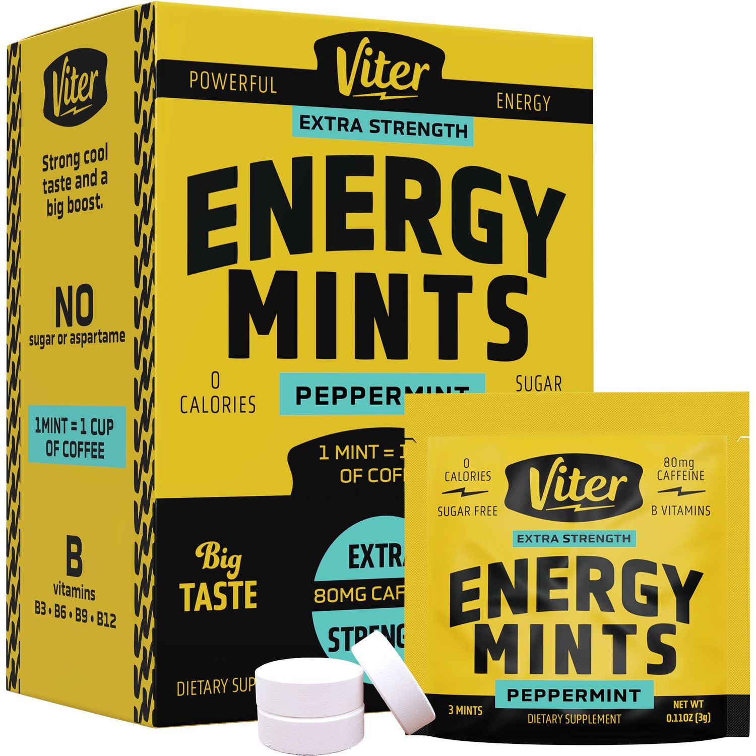 Viter Energy Caffeine Mints 80mg Extra Strength - 90 Caffeinated Mints with B Vitamins. Sugar Free Vegan Breath Mint. Boosts Focus, Nootropic Energy &amp; Fast Alertness. (Peppermint Flavor, 30 Pack)