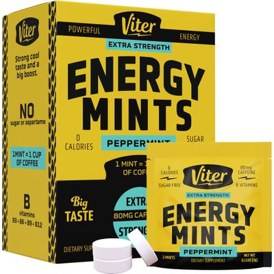 Viter Energy Caffeine Mints 80mg Extra Strength - 90 Caffeinated Mints with B Vitamins. Sugar Free Vegan Breath Mint. Boosts Focus, Nootropic Energy &amp; Fast Alertness. (Peppermint Flavor, 30 Pack)