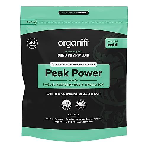 Organifi Peak Power, Pre Workout Powder to Support Hydration, with Lion&#39;s Mane and Guayusa