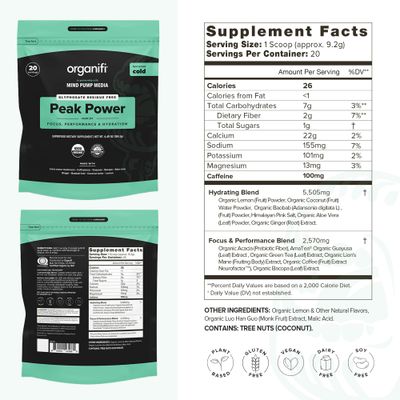Organifi Peak Power, Pre Workout Powder to Support Hydration, with Lion's Mane and Guayusa