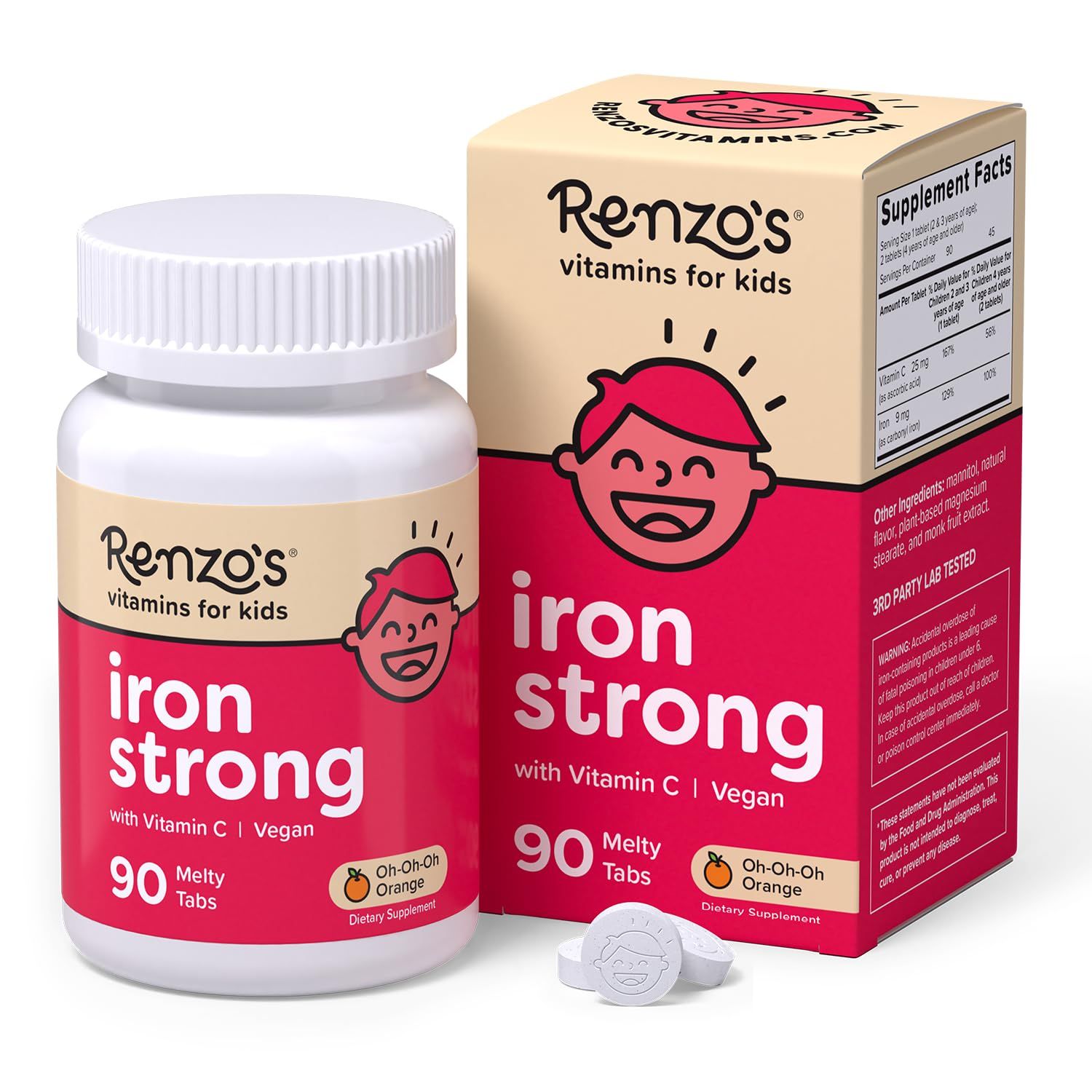 Renzo&#39;s Iron Supplements for Kids - Dissolvable Vegan Iron Supplement with Vitamin C - Sugar Free, Oh-Oh-Oh Orange Flavor, 90 Melty Tabs