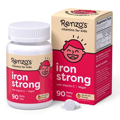 Renzo&#39;s Iron Supplements for Kids - Dissolvable Vegan Iron Supplement with Vitamin C - Sugar Free, Oh-Oh-Oh Orange Flavor, 90 Melty Tabs