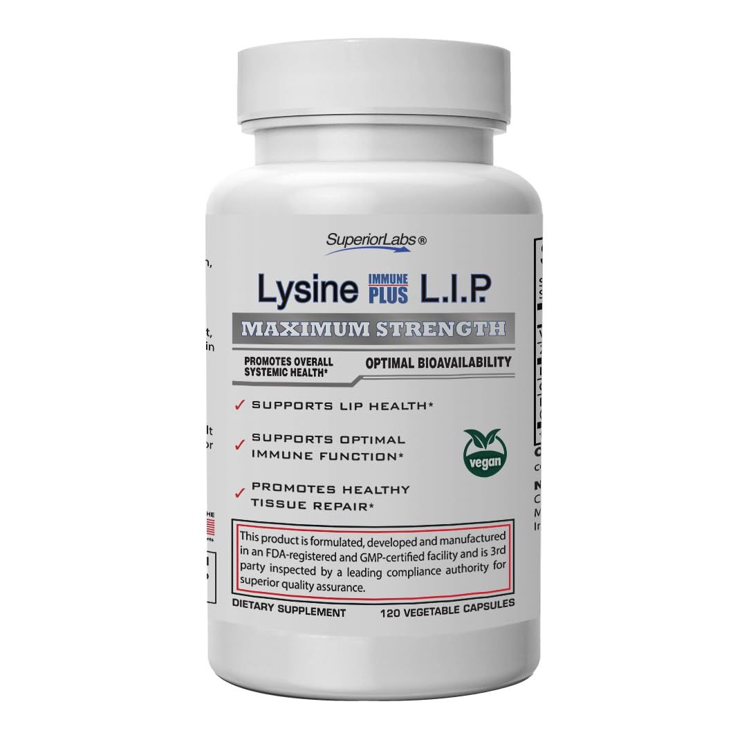 Superior Labs Lysine Immune Plus - Lip. Clinically Proven Lip Health &amp; Support. L-Lysine Bound to HCI for Optimal Stability &amp; Absorption for Fast Results. Bioactive with Zero Harmful Additives