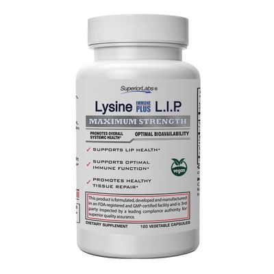 Superior Labs Lysine Immune Plus - Lip. Clinically Proven Lip Health &amp; Support. L-Lysine Bound to HCI for Optimal Stability &amp; Absorption for Fast Results. Bioactive with Zero Harmful Additives