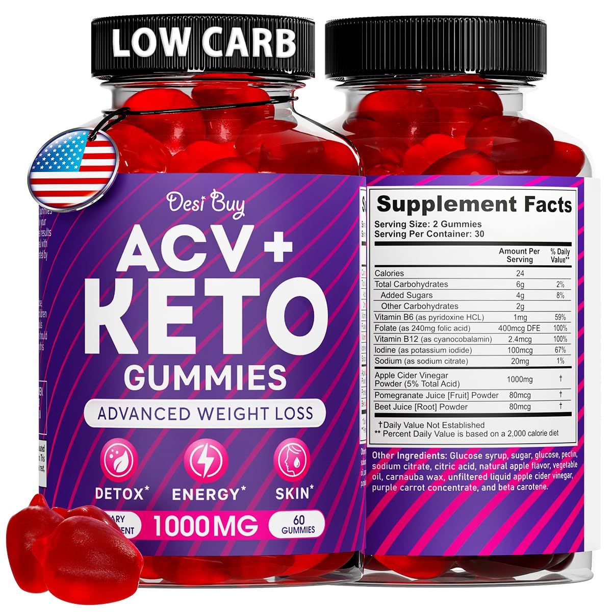 Keto ACV Gummies Advanced Weight Loss Formula with 1000 MG Apple Cider Vinegar for Men &amp; Women Supports Metabolism, ACV Delicious Apple-Flavored Keto Diet, Made in USA (60 Count (Pack of 1))